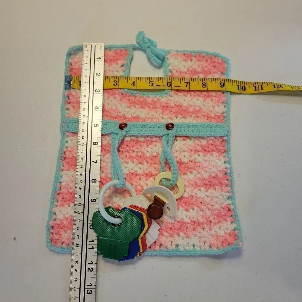 Playtime Bib Hand Crochet Pink & Mint With Toy Attachments Vintage 80s